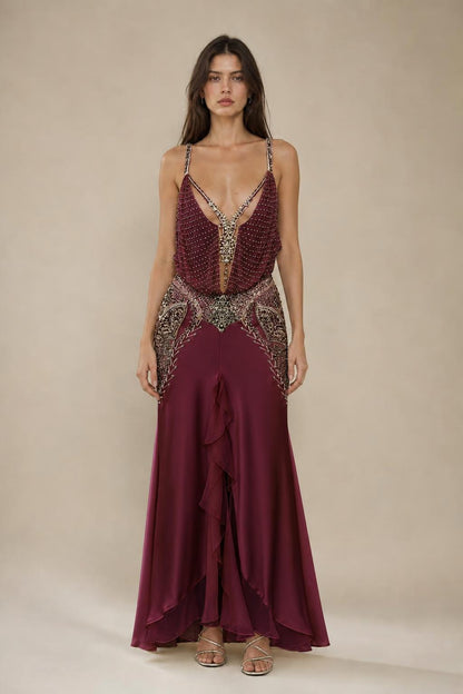 Front view of burgundy embellished maxi dress variant