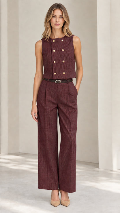 Women's tailored two-piece vest and trousers co-ord set in burgundy wine