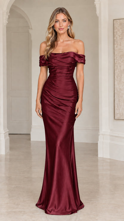 Front view of model wearing a Burgundy wine red off-the-shoulder satin evening dress
