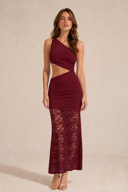 Front view of model wearing burgundy one-shoulder cutout lace maxi dress