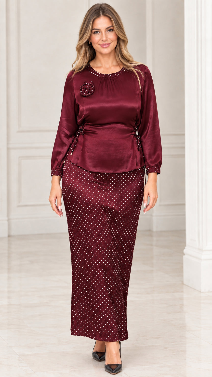 Front view of Burgundy satin blouse and polka dot maxi skirt set