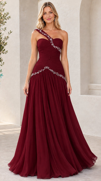 Burgundy wine one-shoulder rhinestone embellished chiffon evening gown