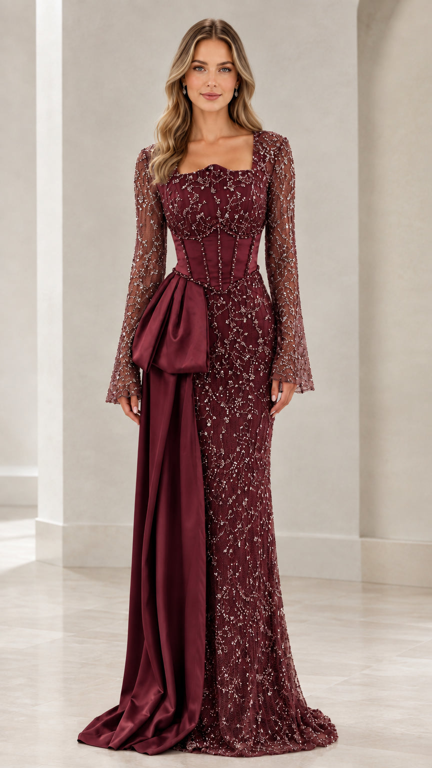 Burgundy wine beaded maxi evening dress with corset bodice and side drape