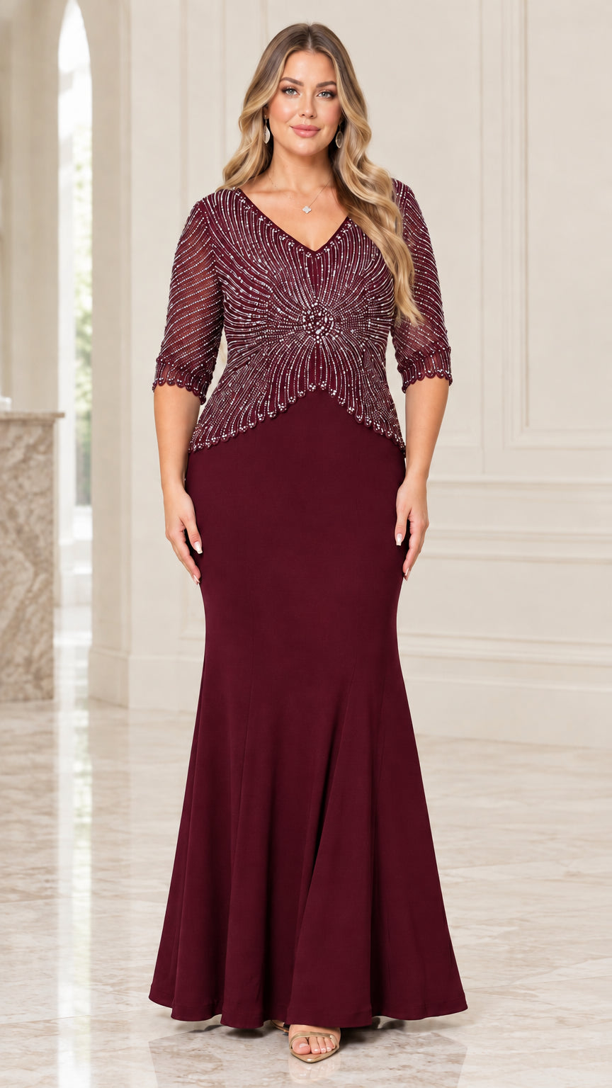 Burgundy wine red beaded half sleeve mermaid gown front view