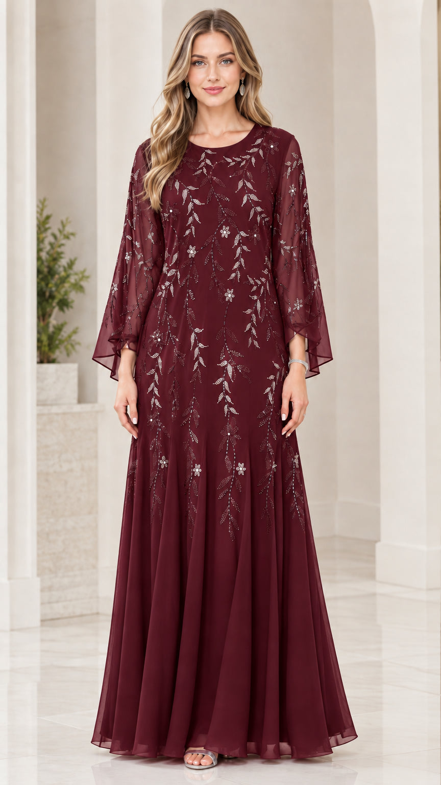 Front view of model wearing Burgundy wine sequin embroidered formal maxi dress