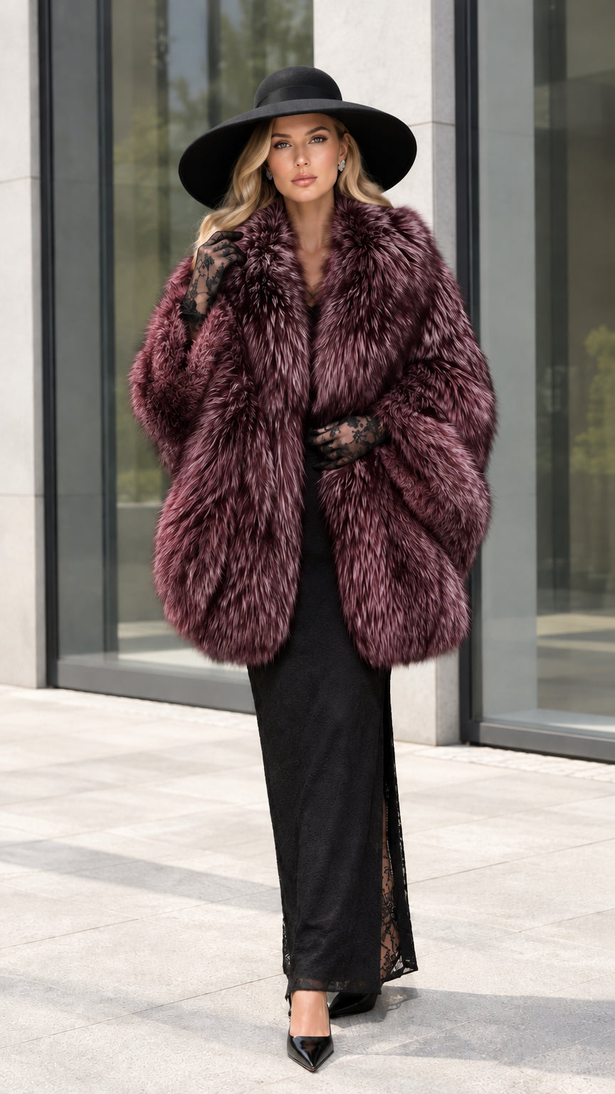 Full front view of model wearing Burgundy wine plush faux fur cocoon coat