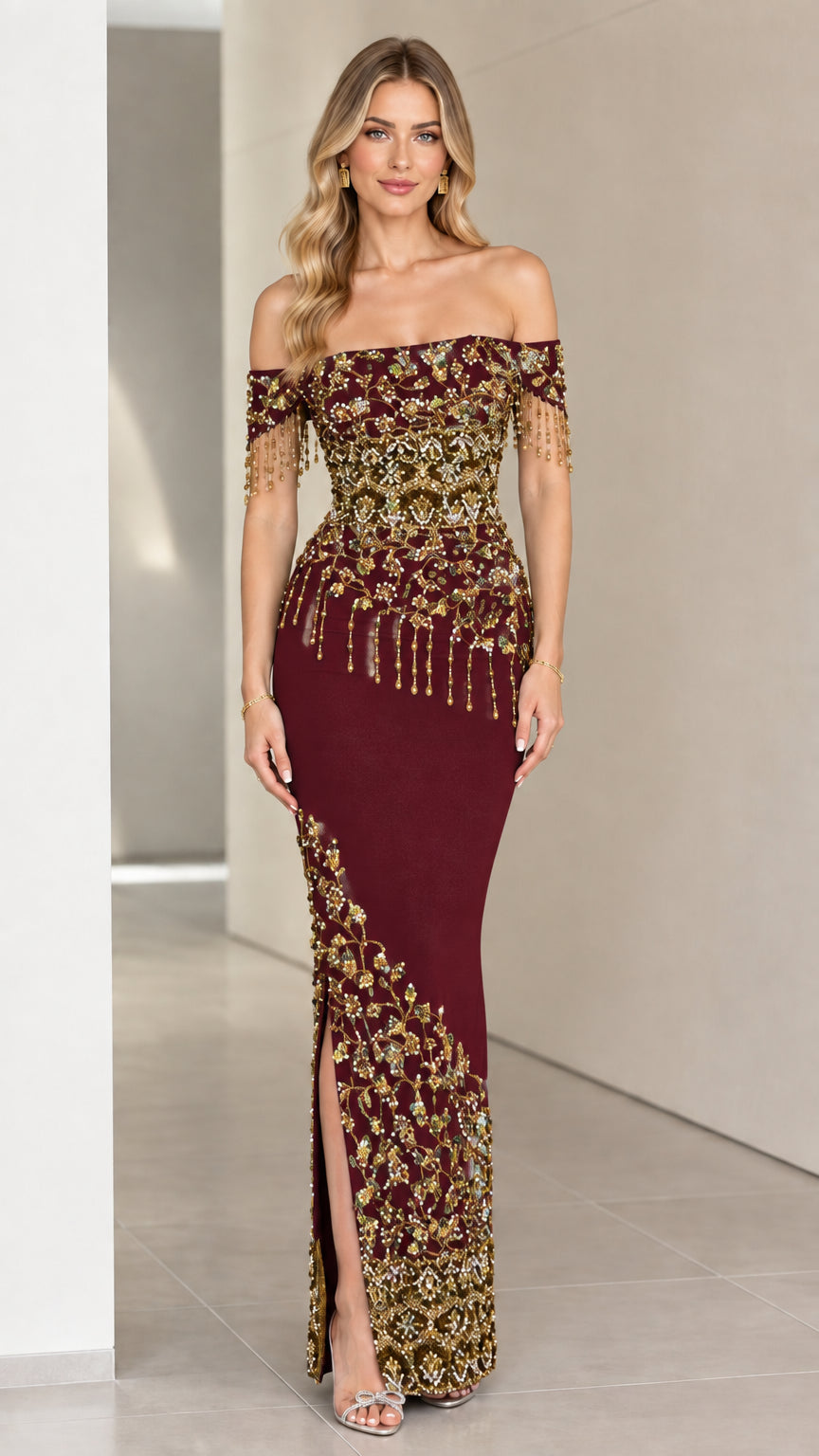 Burgundy off-the-shoulder beaded evening gown with side slit