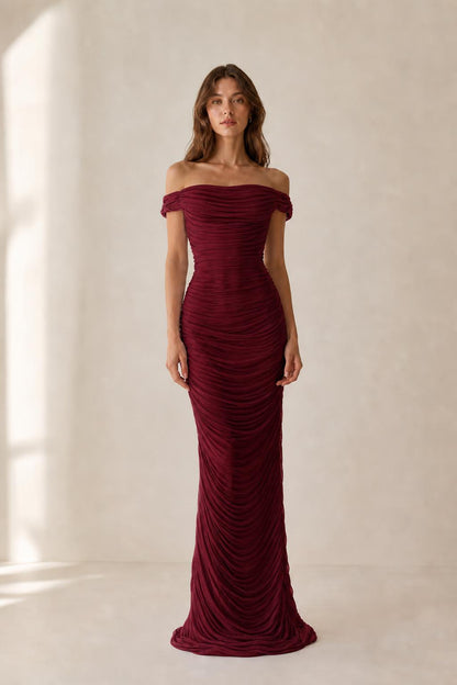 Front view of burgundy off-the-shoulder ruched evening dress