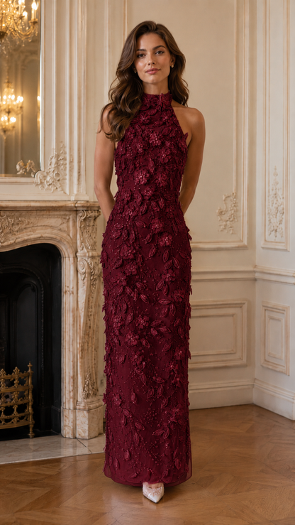 Burgundy 3D floral halter neck maxi evening dress front view