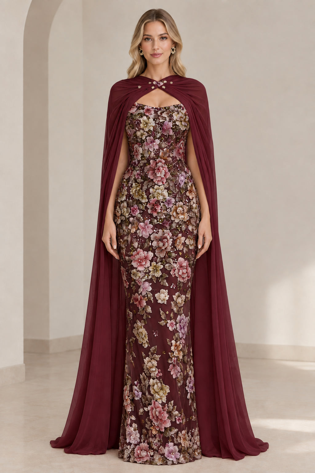 Burgundy wine formal evening dress with floral embroidery and cape overlay