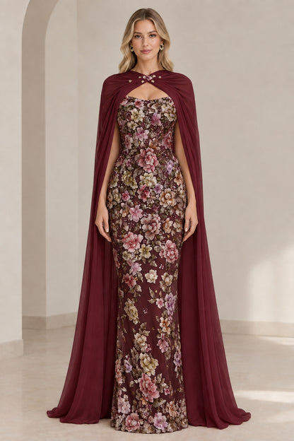 Burgundy wine formal evening dress with floral embroidery and cape overlay