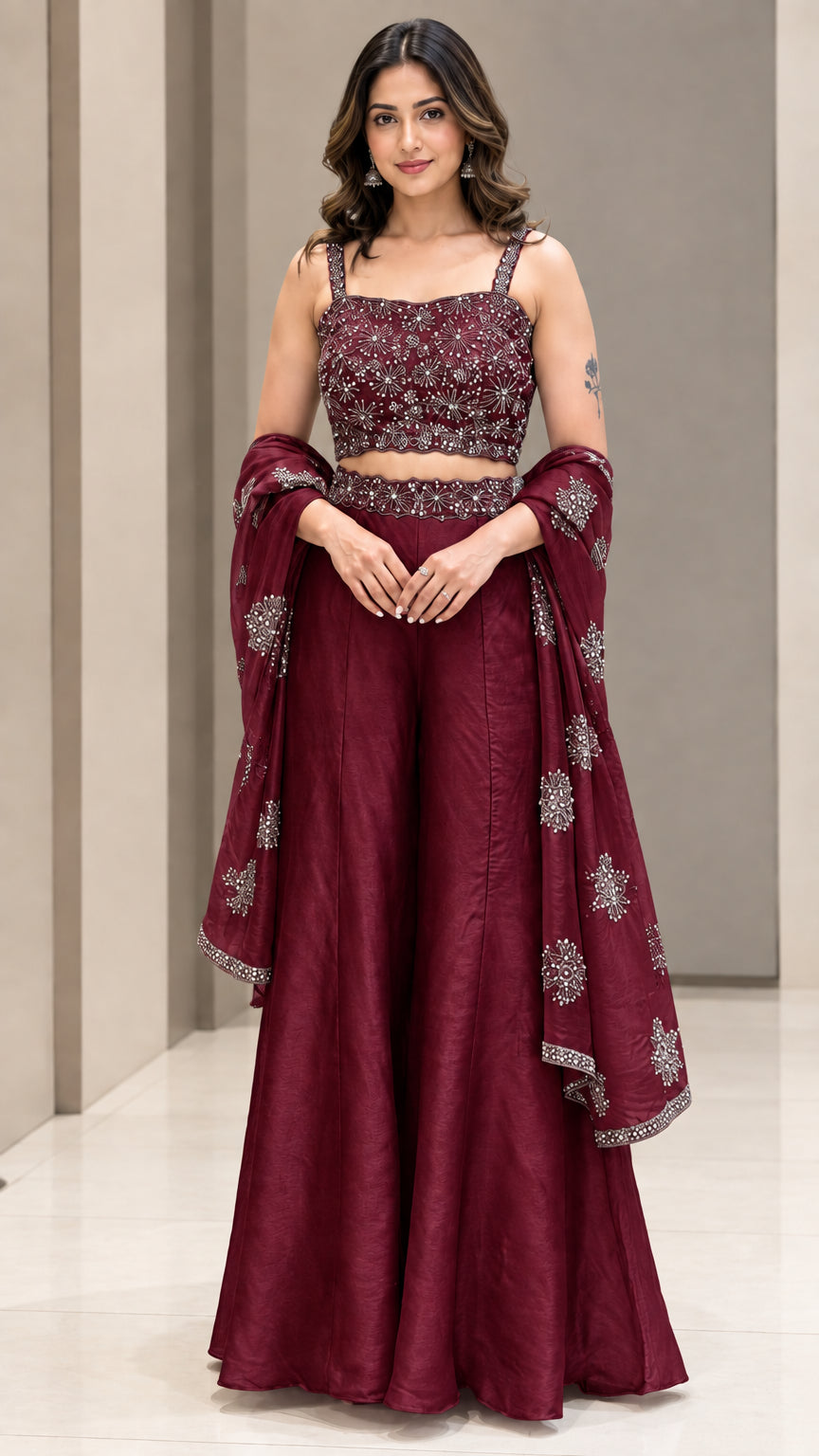 Full-length studio view of woman wearing Wine Red embroidered 3-piece palazzo pant set