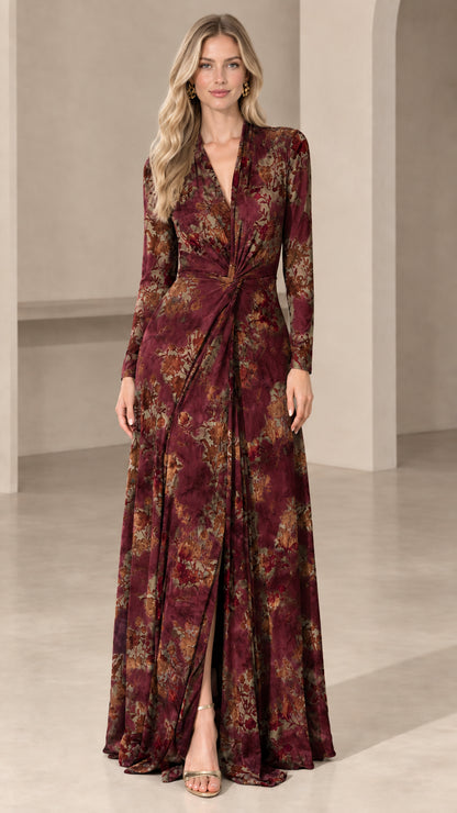 Front view of woman wearing burgundy floral long sleeve twist-front maxi dress