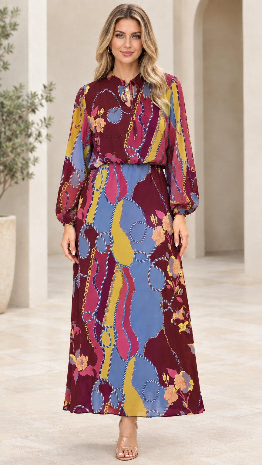 Front view of Burgundy wine red chain print long sleeve maxi dress