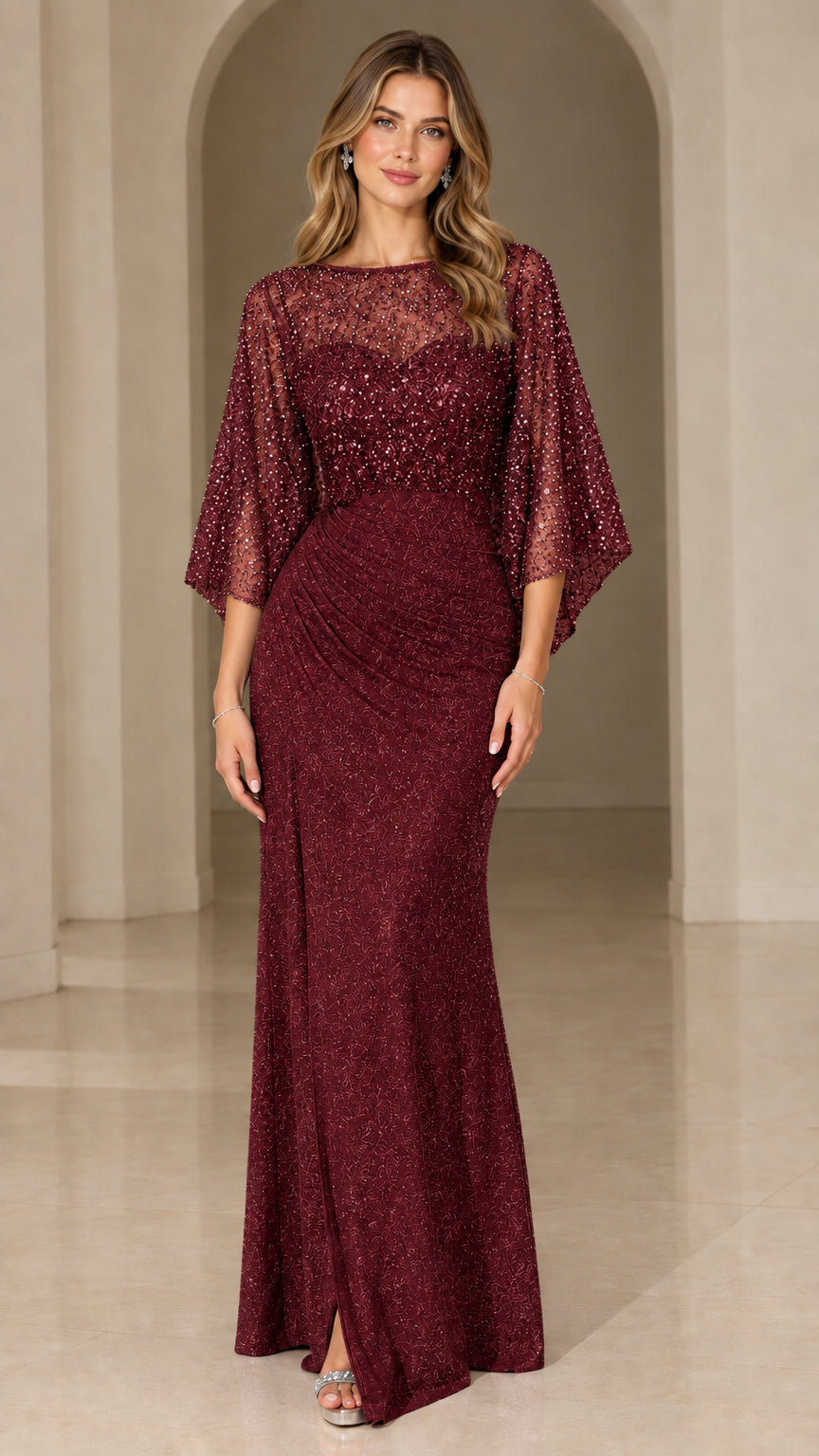 Burgundy wine sequined flutter sleeve floor-length gala dress