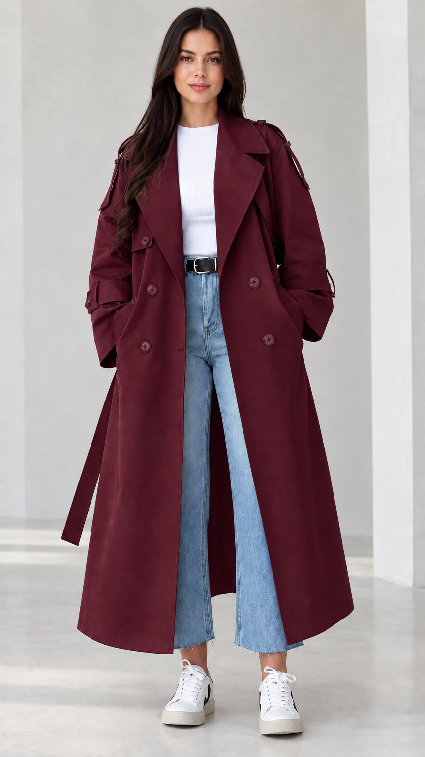 Front view of model wearing burgundy wine longline trench coat