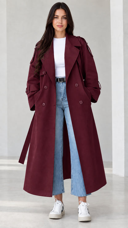 Front view of model wearing burgundy wine longline trench coat