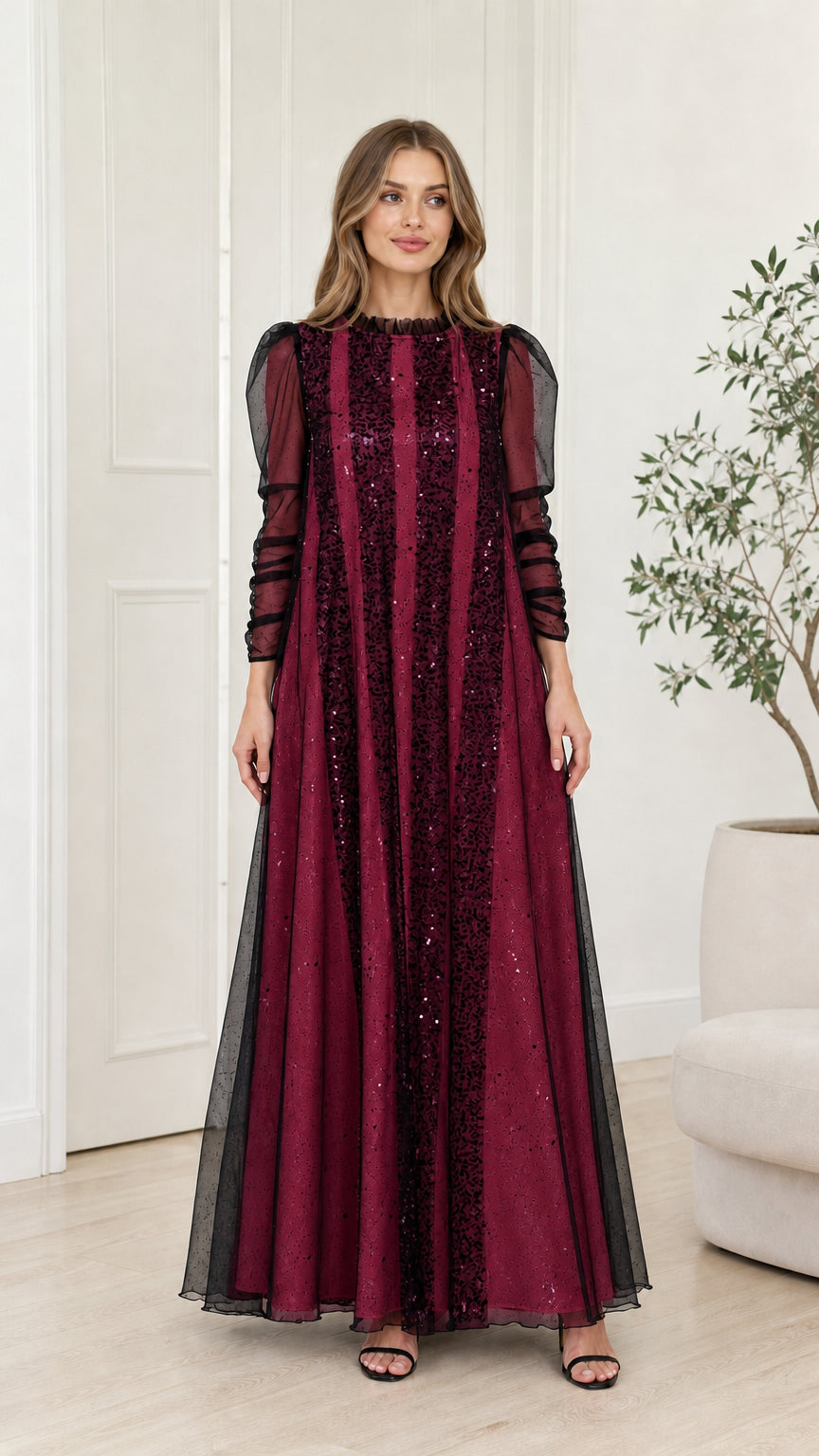 Front view of the Burgundy red striped sequin tulle maxi gown