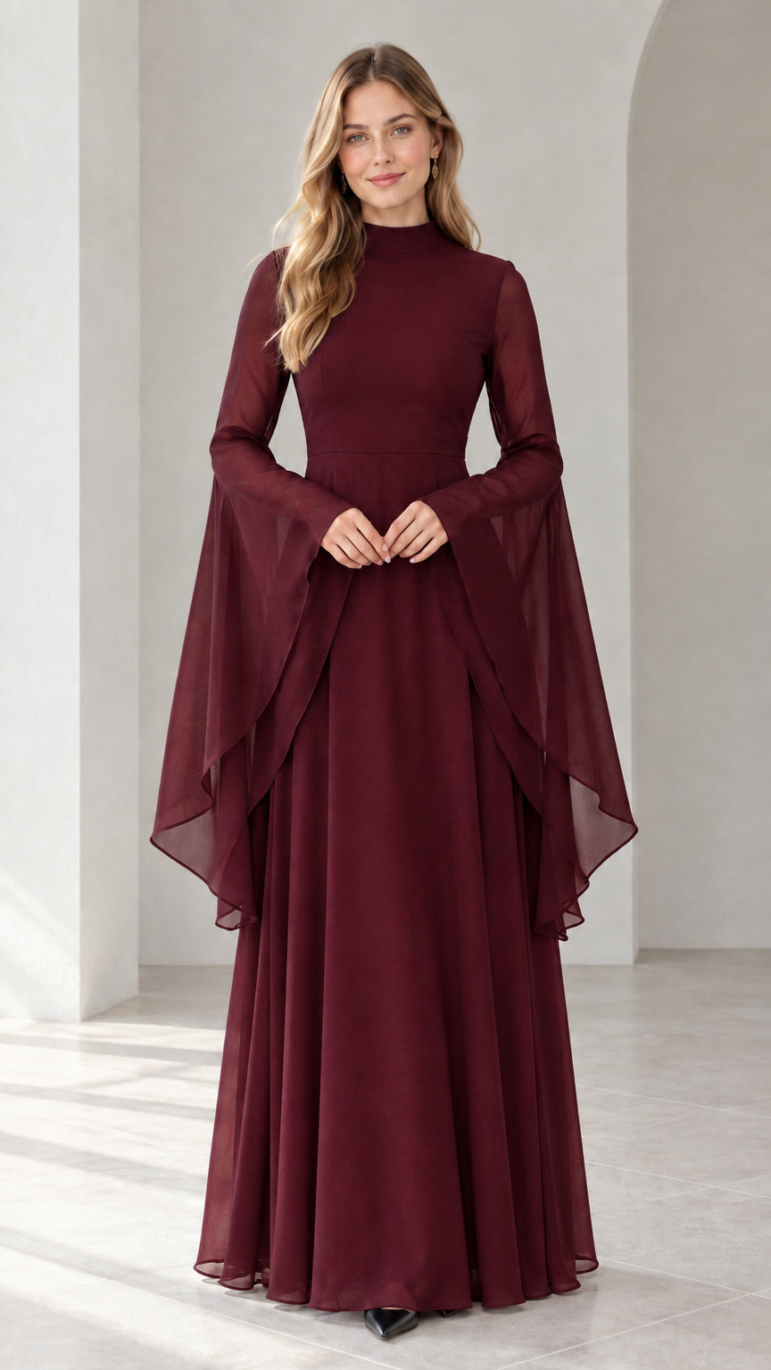 Full-length view of burgundy wine red mock neck chiffon formal gown