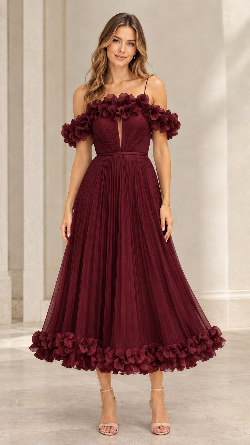 Full-length view of burgundy red 3D floral trim pleated tulle evening dress