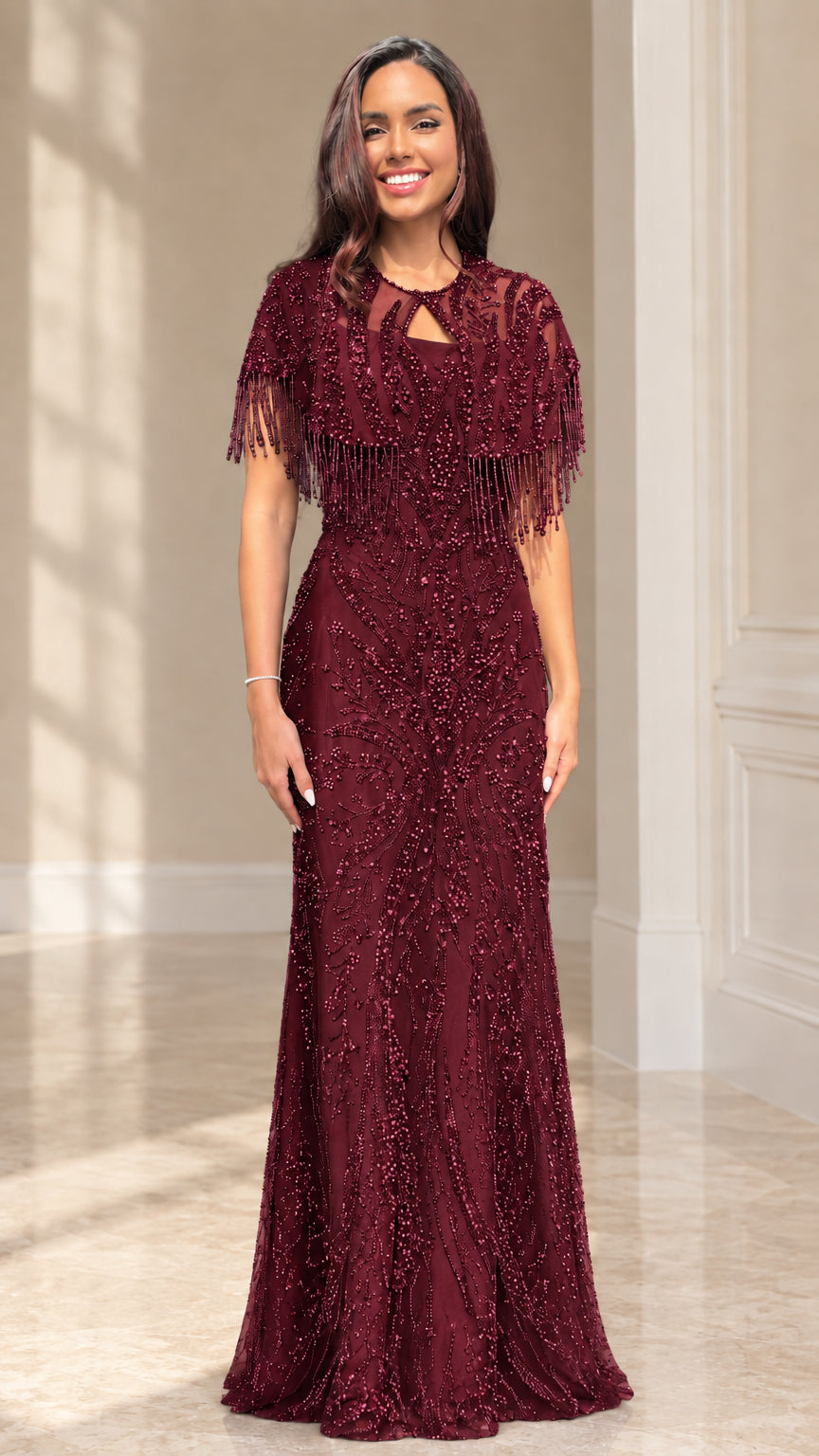 Burgundy wine beaded maxi gown featuring fringe capelet detailing