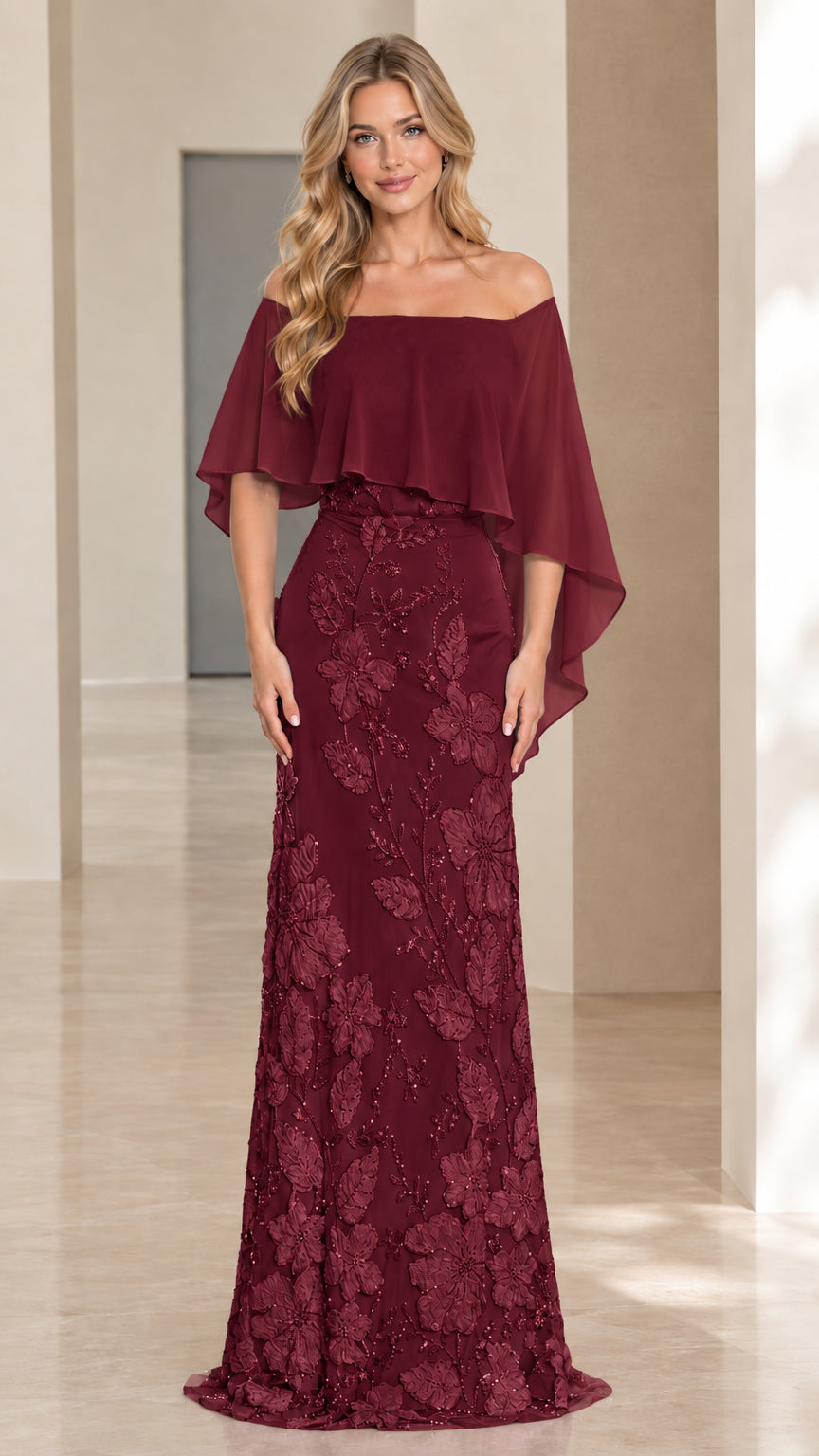 Burgundy wine off-the-shoulder lace evening dress with chiffon overlay