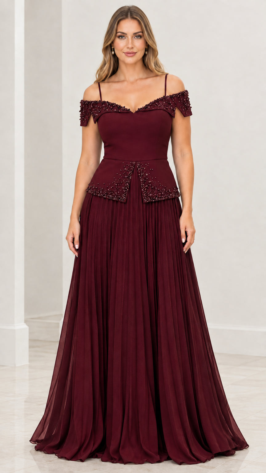 Burgundy cold-shoulder beaded pleated evening gown