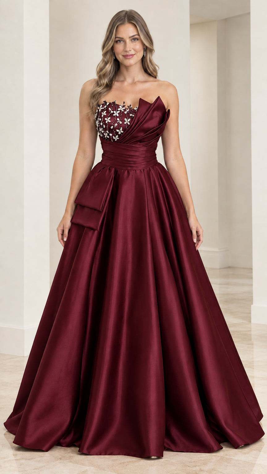 Front view of burgundy wine red strapless embellished satin ball gown
