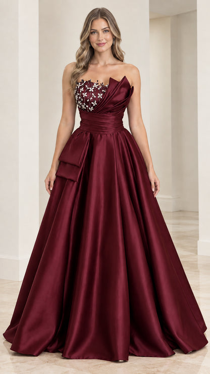 Front view of burgundy wine red strapless embellished satin ball gown