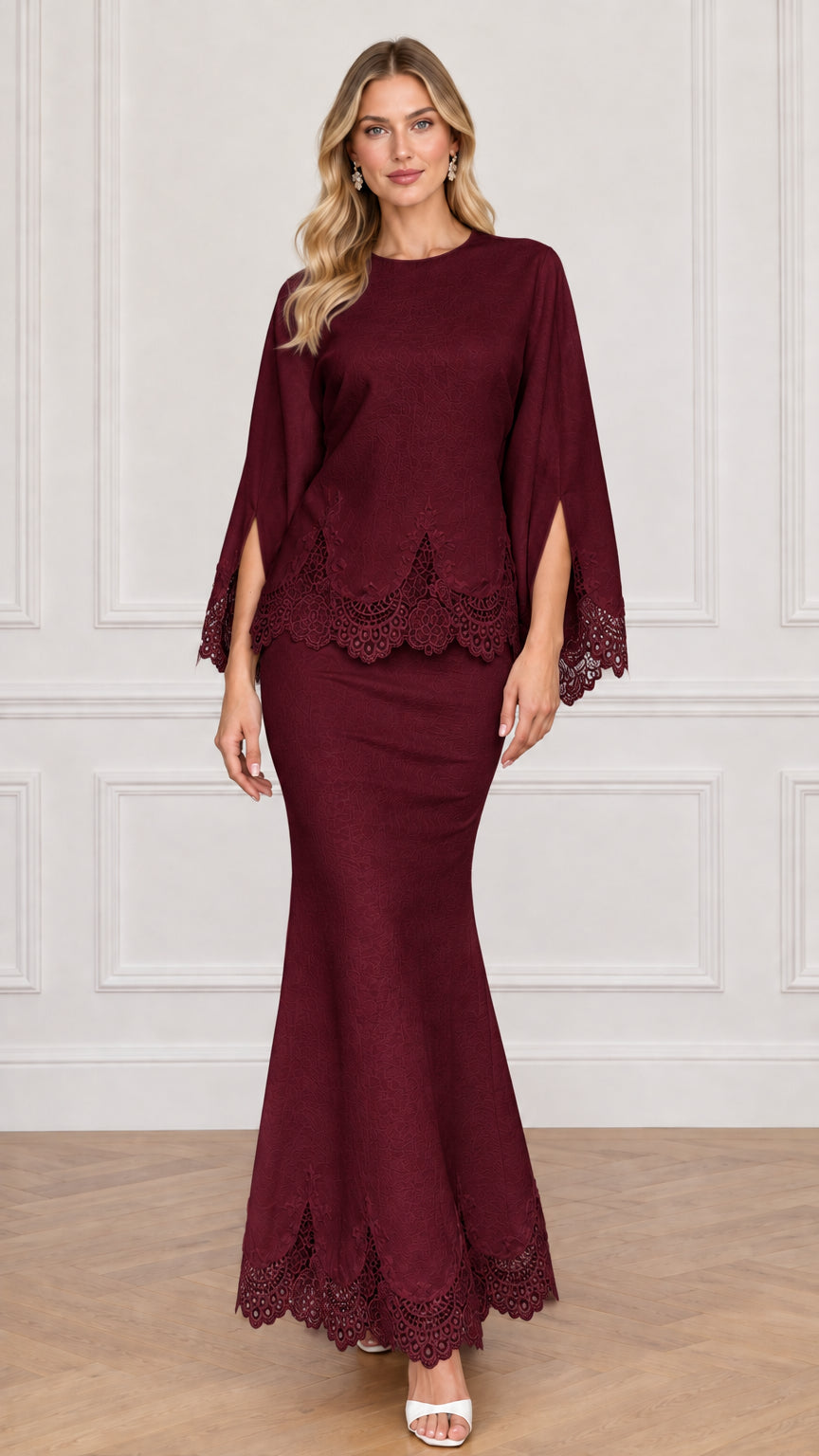 Burgundy wine red split sleeve top and long mermaid skirt set