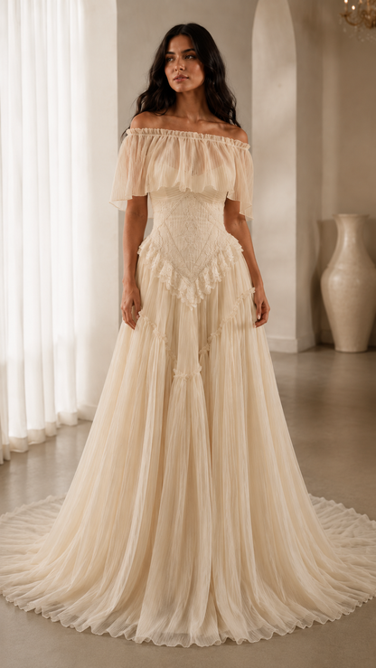 Champagne off-shoulder ruffle gown with slim bodice and airy maxi skirt front view