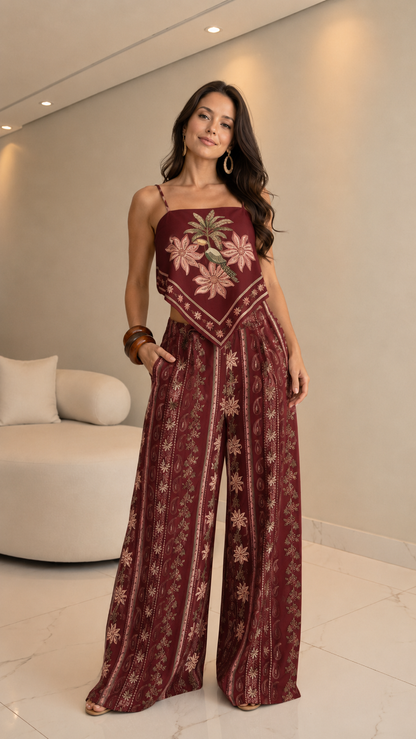 Front view of burgundy floral print cami top and wide leg pants set