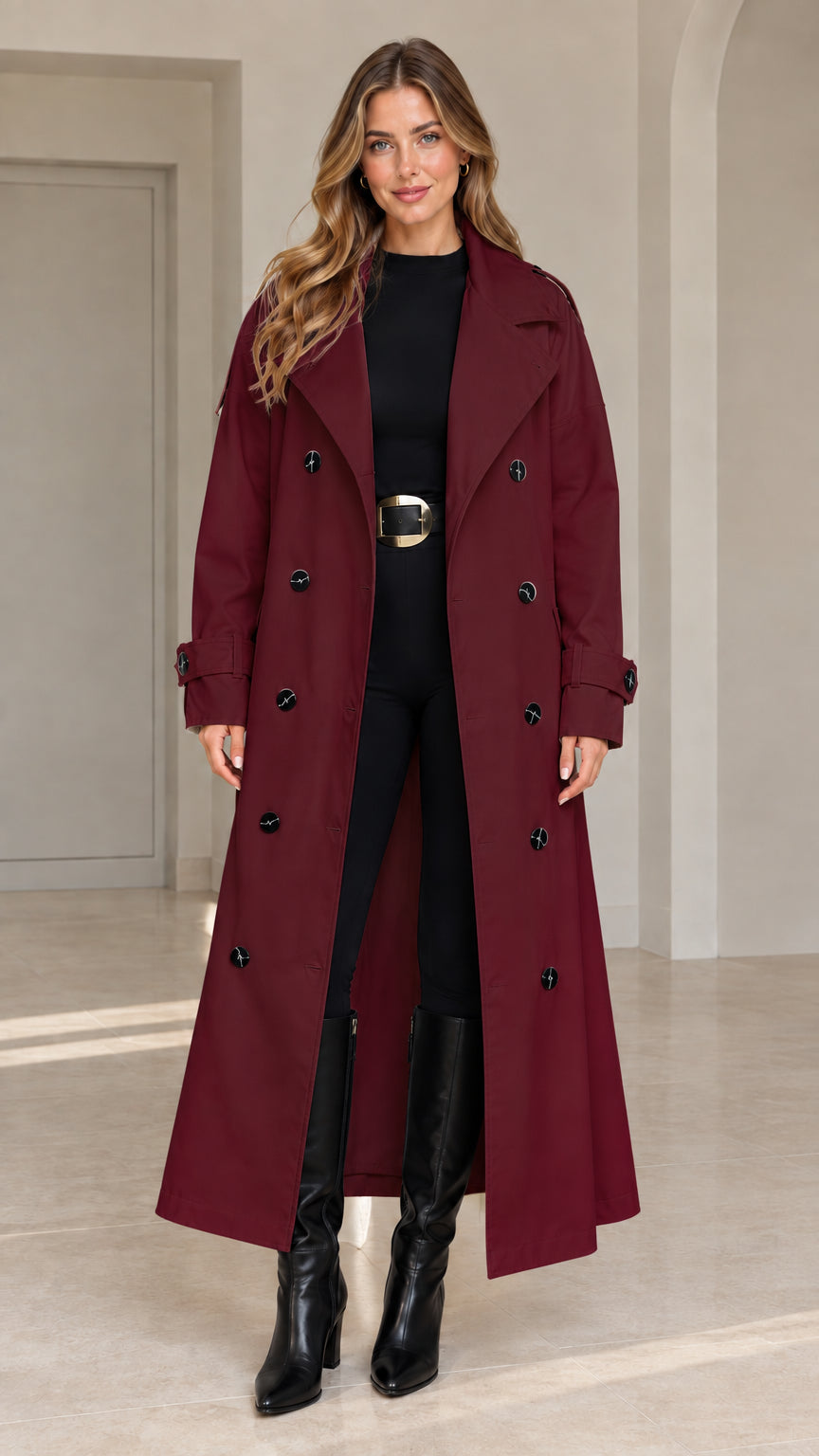 Front view of woman wearing burgundy wine red longline trench coat
