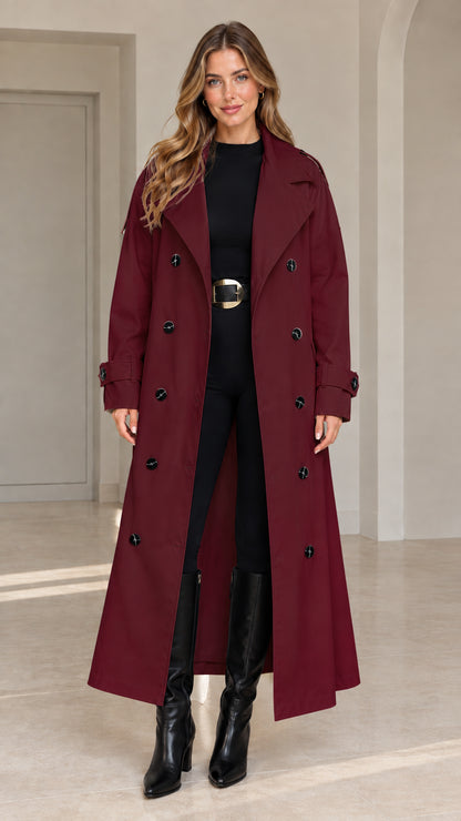 Front view of woman wearing burgundy wine red longline trench coat