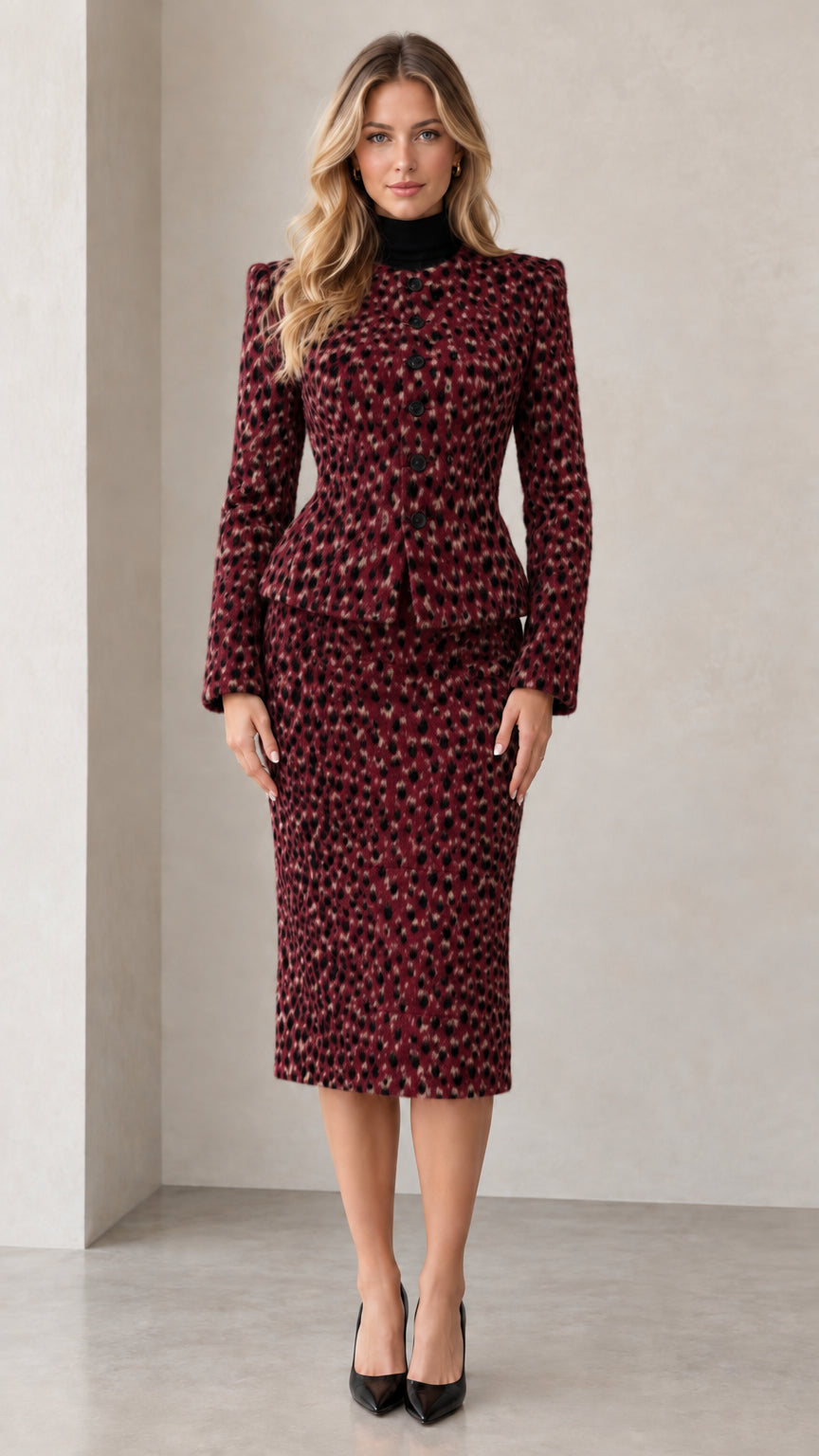 Front view of burgundy speckled peplum jacket and midi skirt set