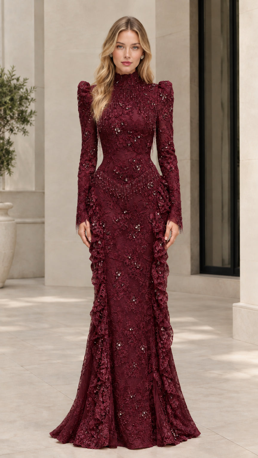 Front view of burgundy wine long sleeve lace evening gown