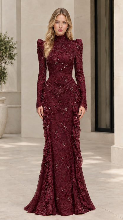 Front view of burgundy wine long sleeve lace evening gown