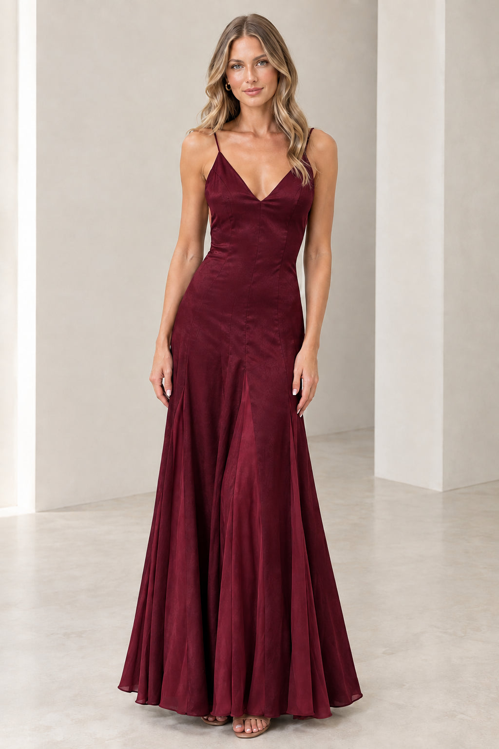 Front view of model wearing Burgundy wine red satin mermaid evening dress