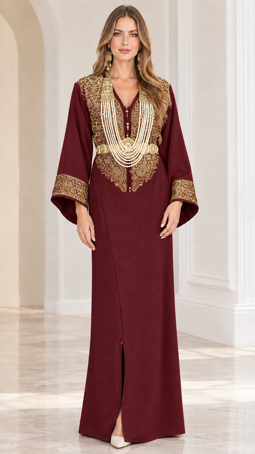 Burgundy wine embroidered kaftan dress with beaded pearl details