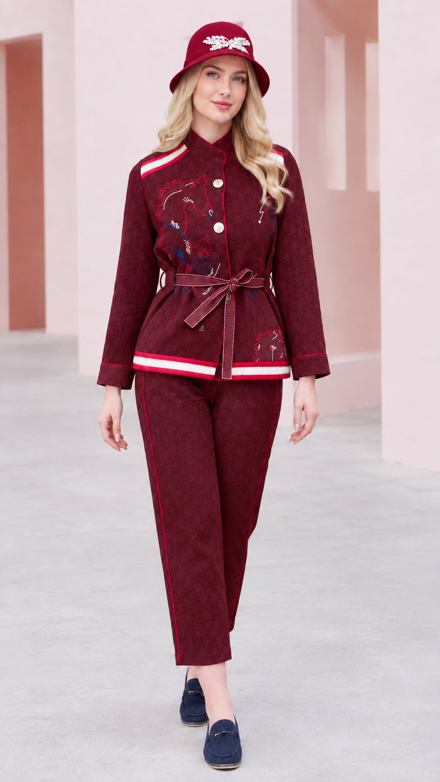 Burgundy wine red embroidered belted jacket and pant set