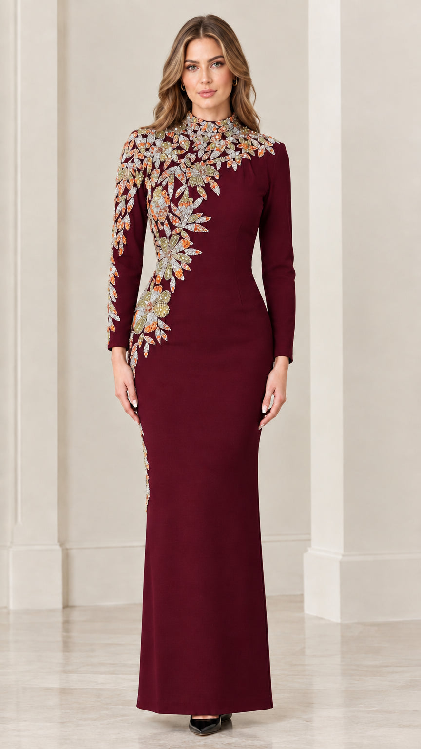 Front view of burgundy wine long sleeve maxi gown with floral embroidery