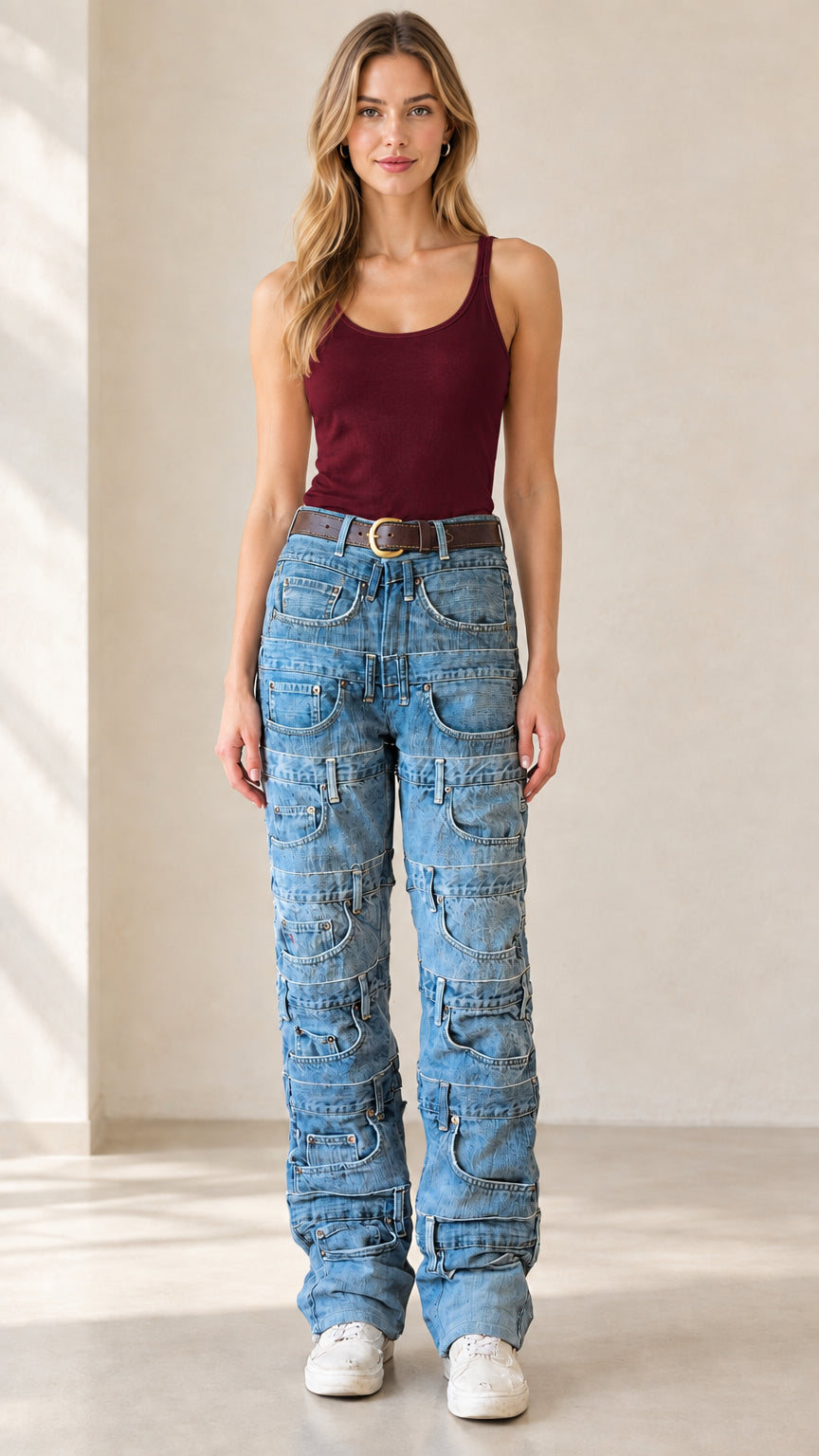 Front view of model wearing denim blue multi-pocket jeans paired with burgundy tank top
