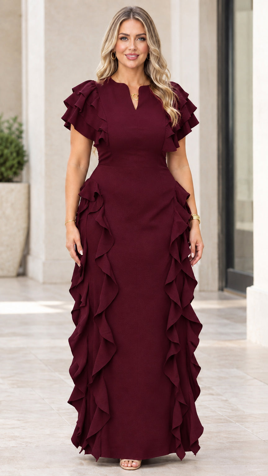 Front view of model wearing burgundy wine ruffle flutter sleeve maxi dress
