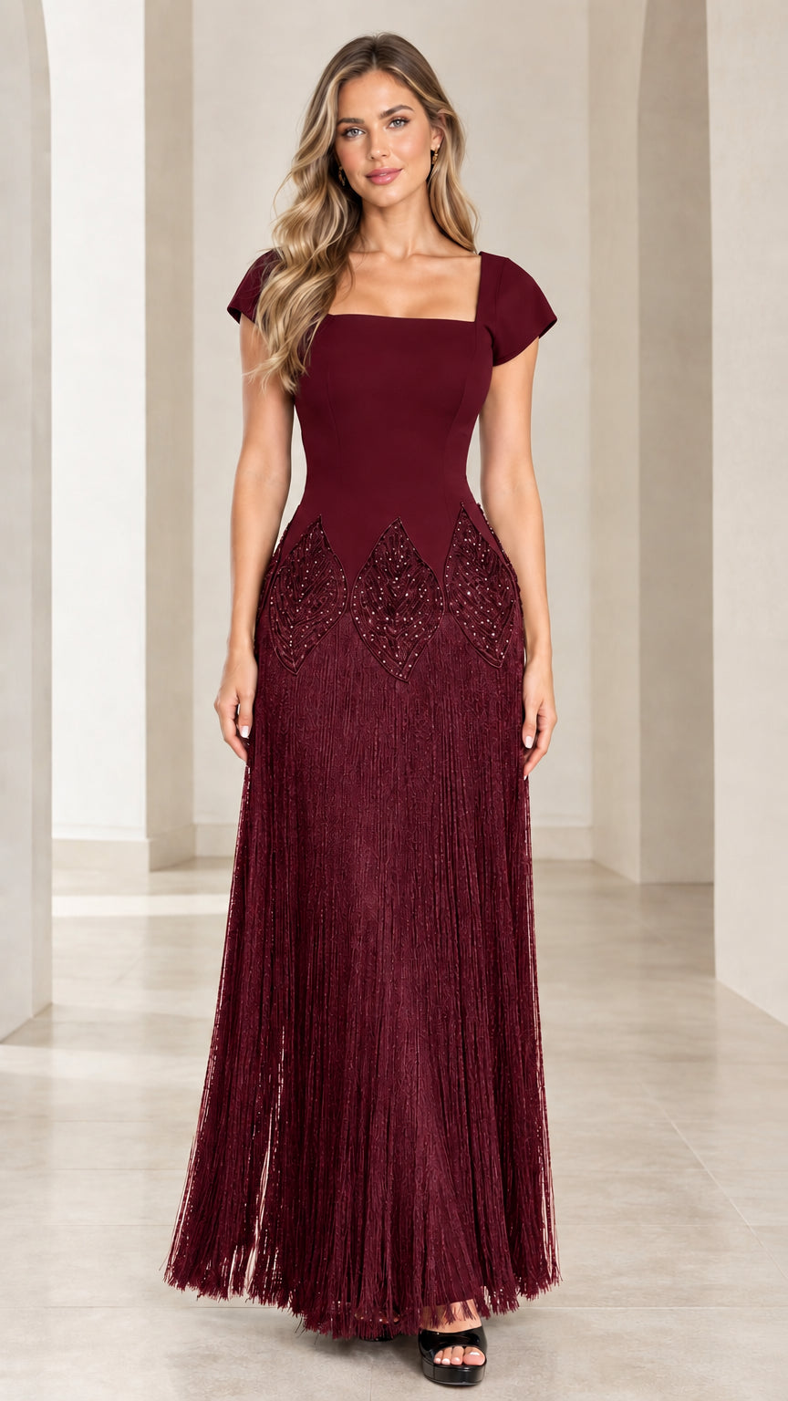 Burgundy wine red square neck beaded fringe evening gown