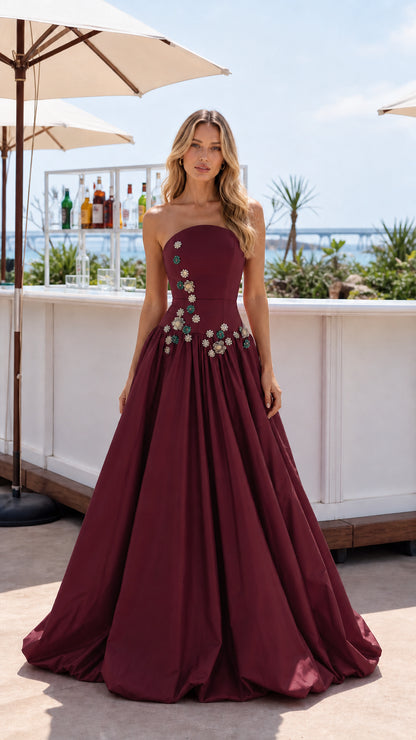 Burgundy wine red strapless embellished A-line ball gown