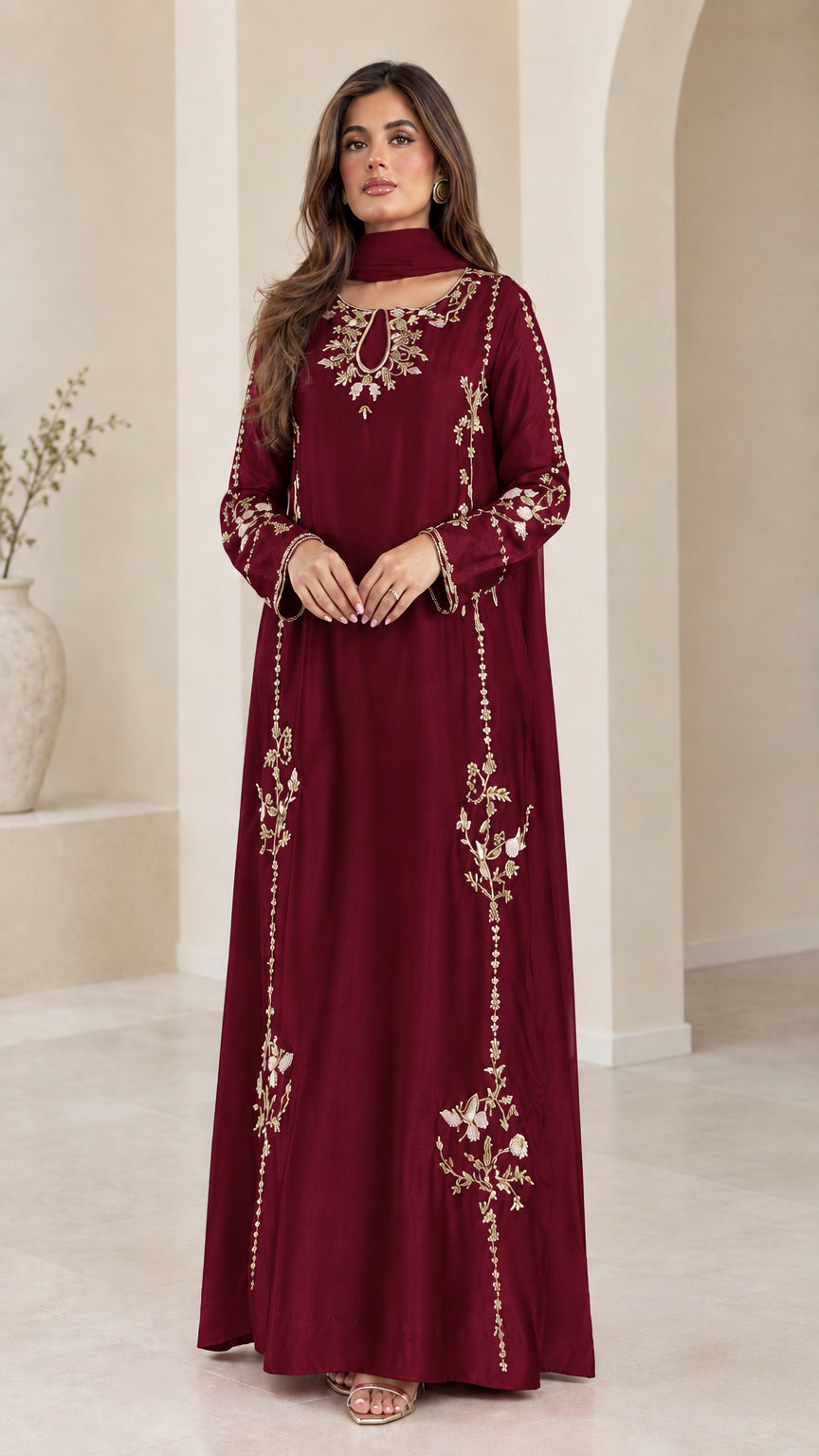Burgundy wine long sleeve embroidered evening abaya dress with scarf
