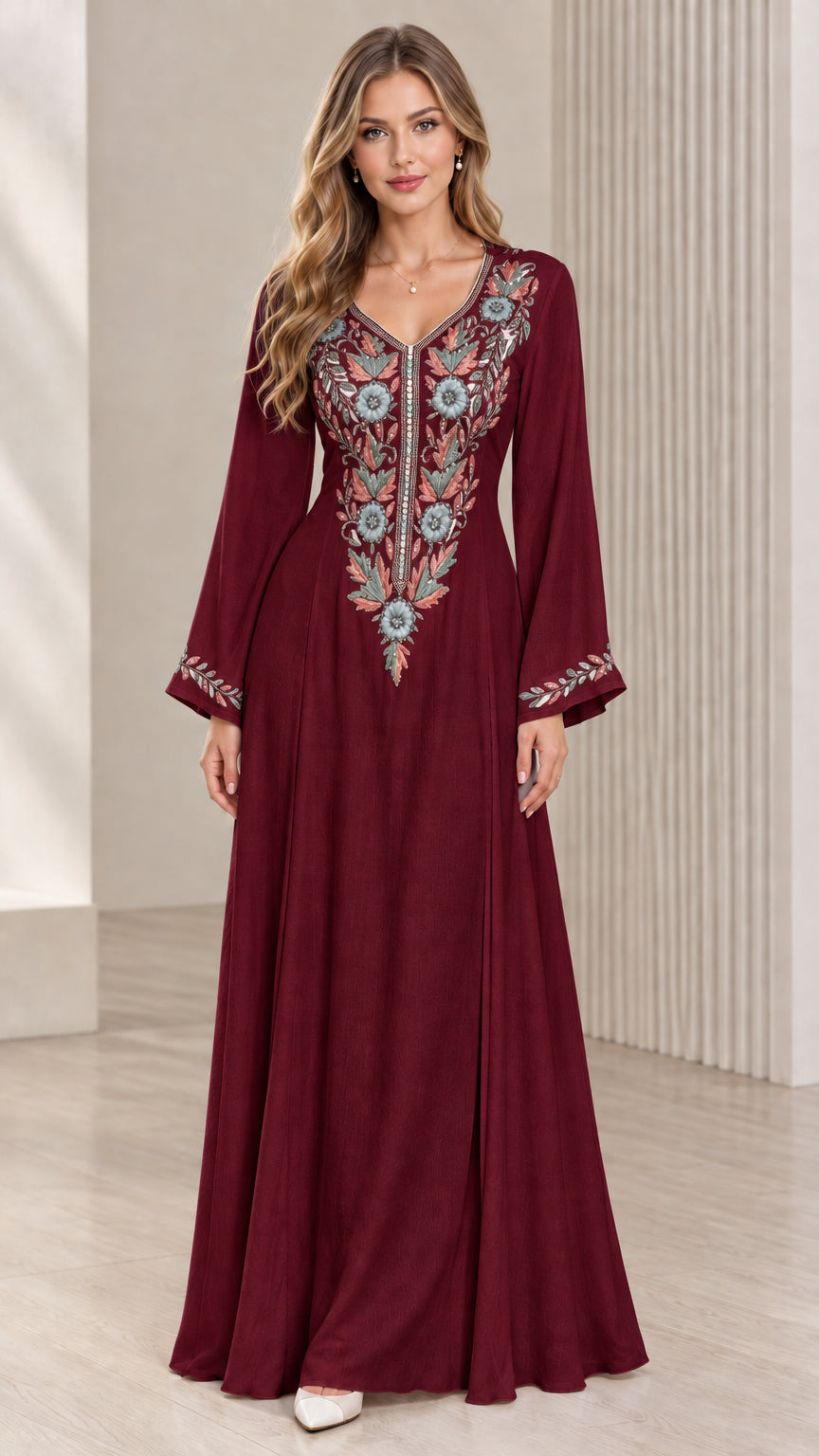Burgundy wine red embroidered V-neck maxi dress