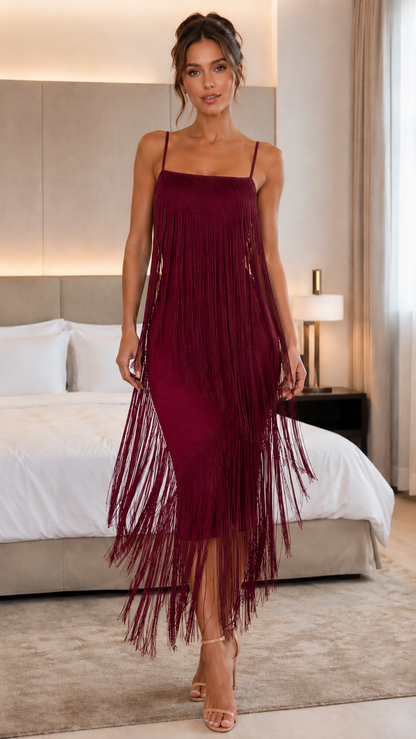 Front view of wine fringe midi dress with slim straps