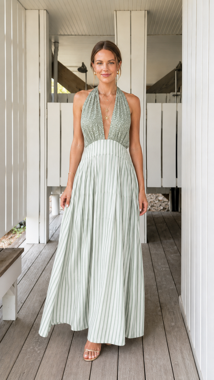 Front view of sage pleated halter backless maxi dress