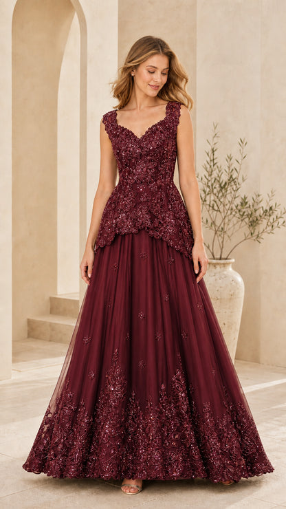Front view of model wearing Burgundy wine sequin embellished A-line ball gown